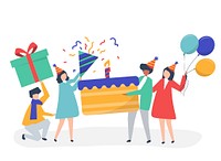 Character illustration of people holding birthday party icons