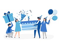 Character illustration of people holding birthday party icons