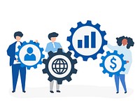 Character illustration of business people holding strategy icons