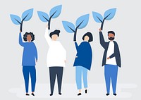 People holding tree icons to raise environmental awareness