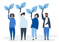 People holding tree icons to raise environmental awareness