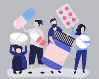 Characters of people holding pharmaceutical icons illustration