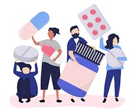 Characters of people holding pharmaceutical icons illustration