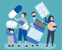 Characters of people holding pharmaceutical icons illustration