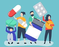 Characters of people holding pharmaceutical icons illustration