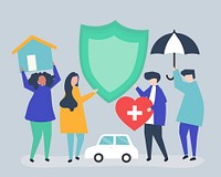 People carrying icons related to insurance