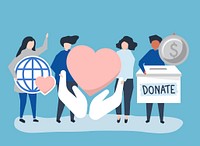 People carrying donation and charity related icons