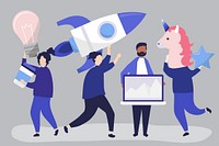 People characters holding creative business concept icons