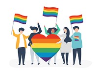 Character illustration of people holding LGBT support icons