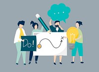 Character illustration of people holding creative ideas icons