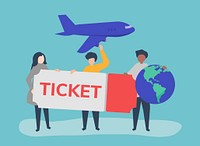 People holding a flight ticket travel related icons