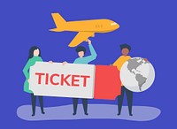 People holding a flight ticket travel related icons