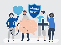 People holding icons related to mental health