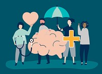 People holding icons related to mental health