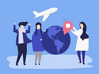 People carrying different travel related icons