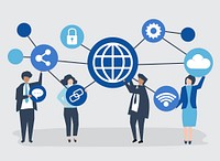 Character illustration of business people with connection icons