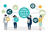 Character illustration of business people with connection icons