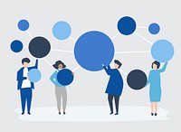 People holding connected copy space circle icons illustration