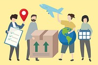 People showing methods of worldwide shipping with various symbols illustration