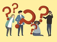 A group of people holding question mark signs illustration