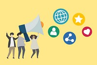 People with megaphone and social media icons illustration