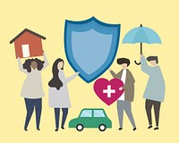 People with insurance icons illustration