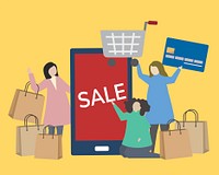 People with shopping icons illustration