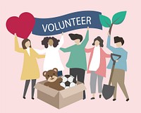 Volunteers with charity icons illustration