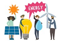 People holding sustainable energy concept icons illustration
