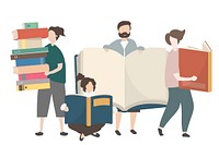 People with stacks of books illustration