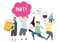 Friends holding alcoholic beverages and partyiing illustration