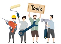 People holding construction tools illustration