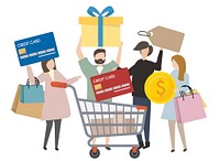 People holding shopping concept icons illustration