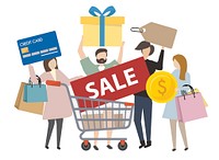 People holding shopping concept icons illustration