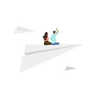 Illustrated people sitting on paper plane