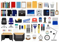 Collection of office stationery, furnitures, and machines isolated on white background