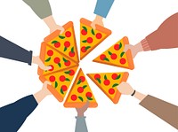 Illustration of hands sharing a pizza