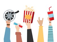 Hands holding cinema themed items illustration