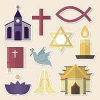 Mixed religious symbols sticker set vector