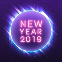 Pink new year 2019 in a blue circle neon sign vector