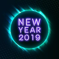 Purple new year 2019 in a green  circle neon sign vector