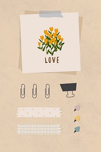 Love word message and flowers on notepaper with paper clips, binder clip and washi tape on light brown textured paper background