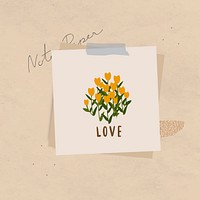 Love word message and flowers on notepaper set with sticky tape on textured background