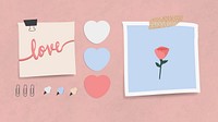 Set of love theme notepaper with pins and clips on pink textured background vector