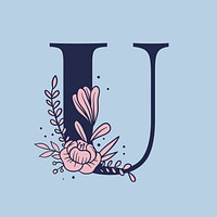 Floral letter U psd alphabet typography