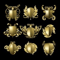 Golden Baroque shield elements vector template set
