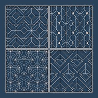 White geometric seamless patterns set on blue background