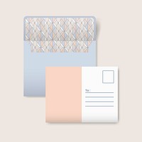 Beige and white postcard with a pastel geometric pattern on blue envelope vector