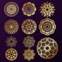 Golden mandala patterns set on black background