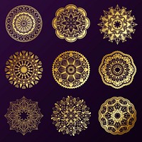 Golden mandala patterns set on black background